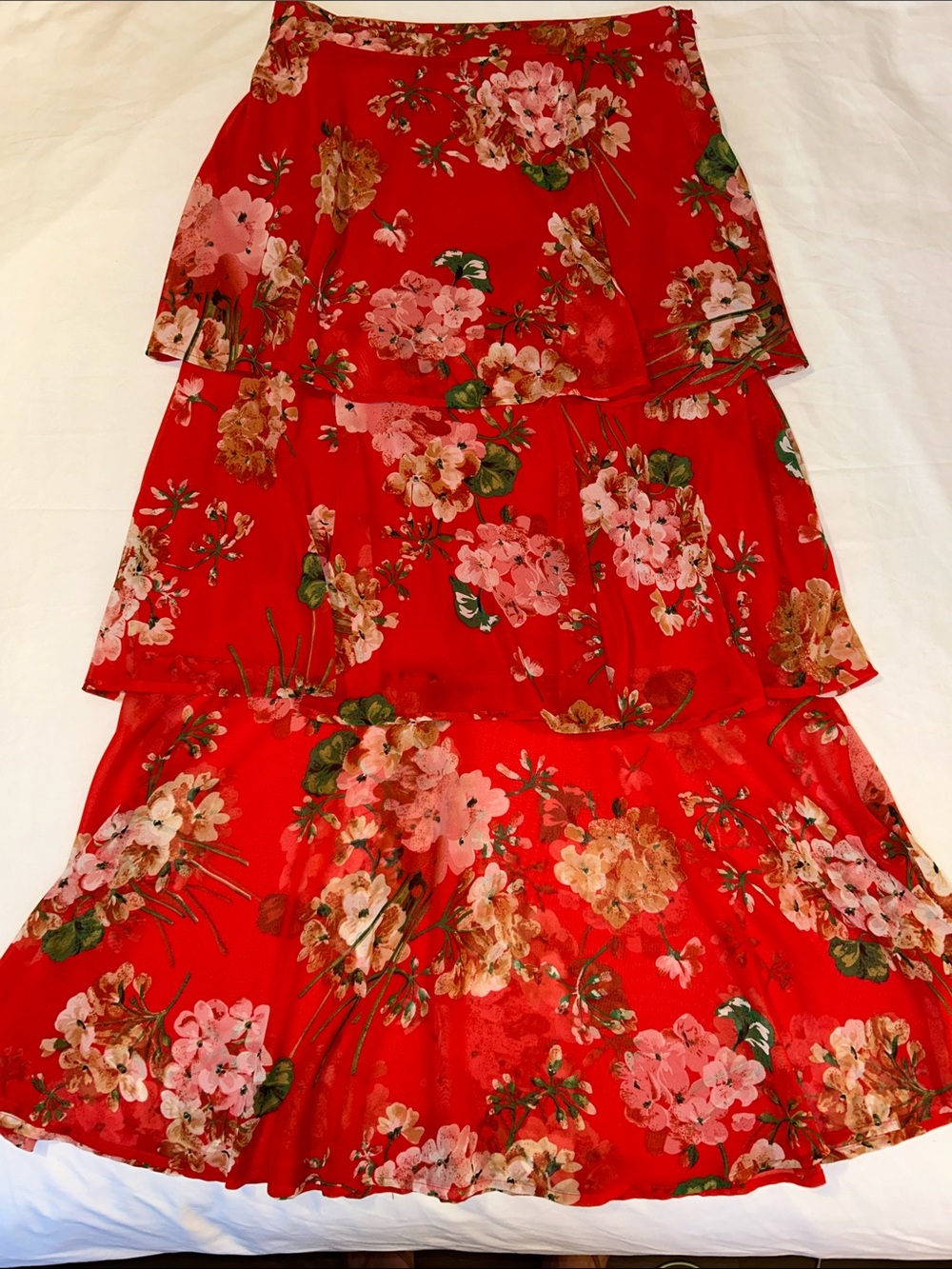 Tiered Chiffon Maxi Skirt Red Floral Large